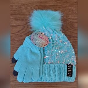 Justice Aqua Sequin Beanie and Touch Screen Capable Glove Set New